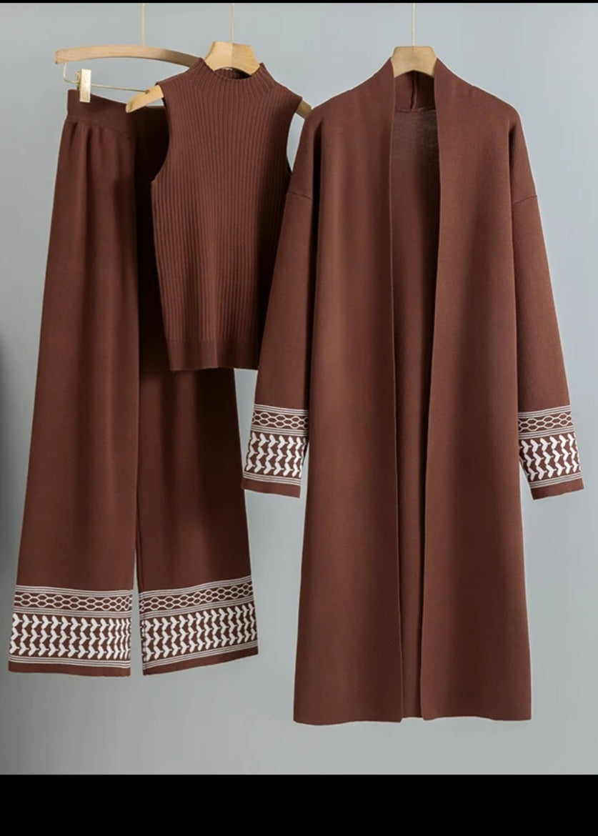 Luxe 3-Delige Set – Lange Vest, Mouwloze Col & Wide Leg Broek