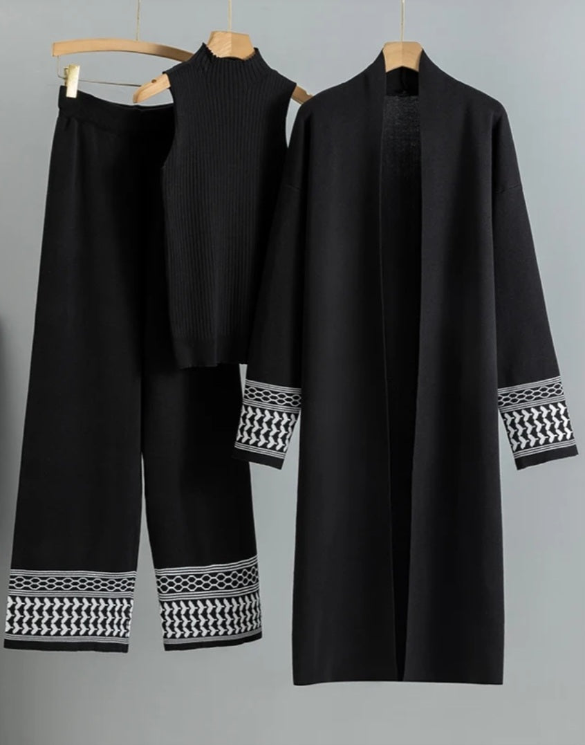 Luxe 3-Delige Set – Lange Vest, Mouwloze Col & Wide Leg Broek