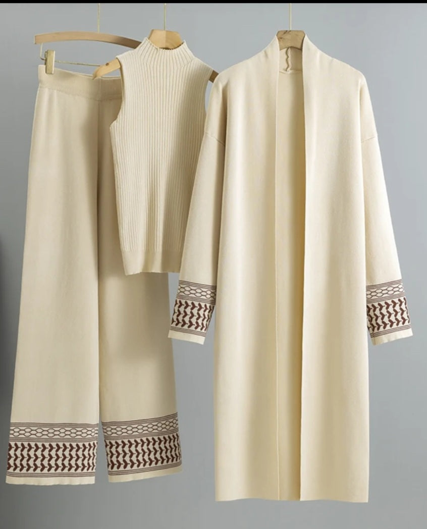 Luxe 3-Delige Set – Lange Vest, Mouwloze Col & Wide Leg Broek