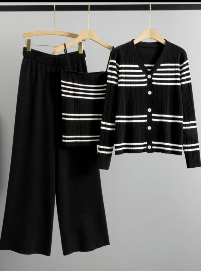 Luxe 3-Delige Zwart/Wit Set – Vest, Top & Wide Leg Broek